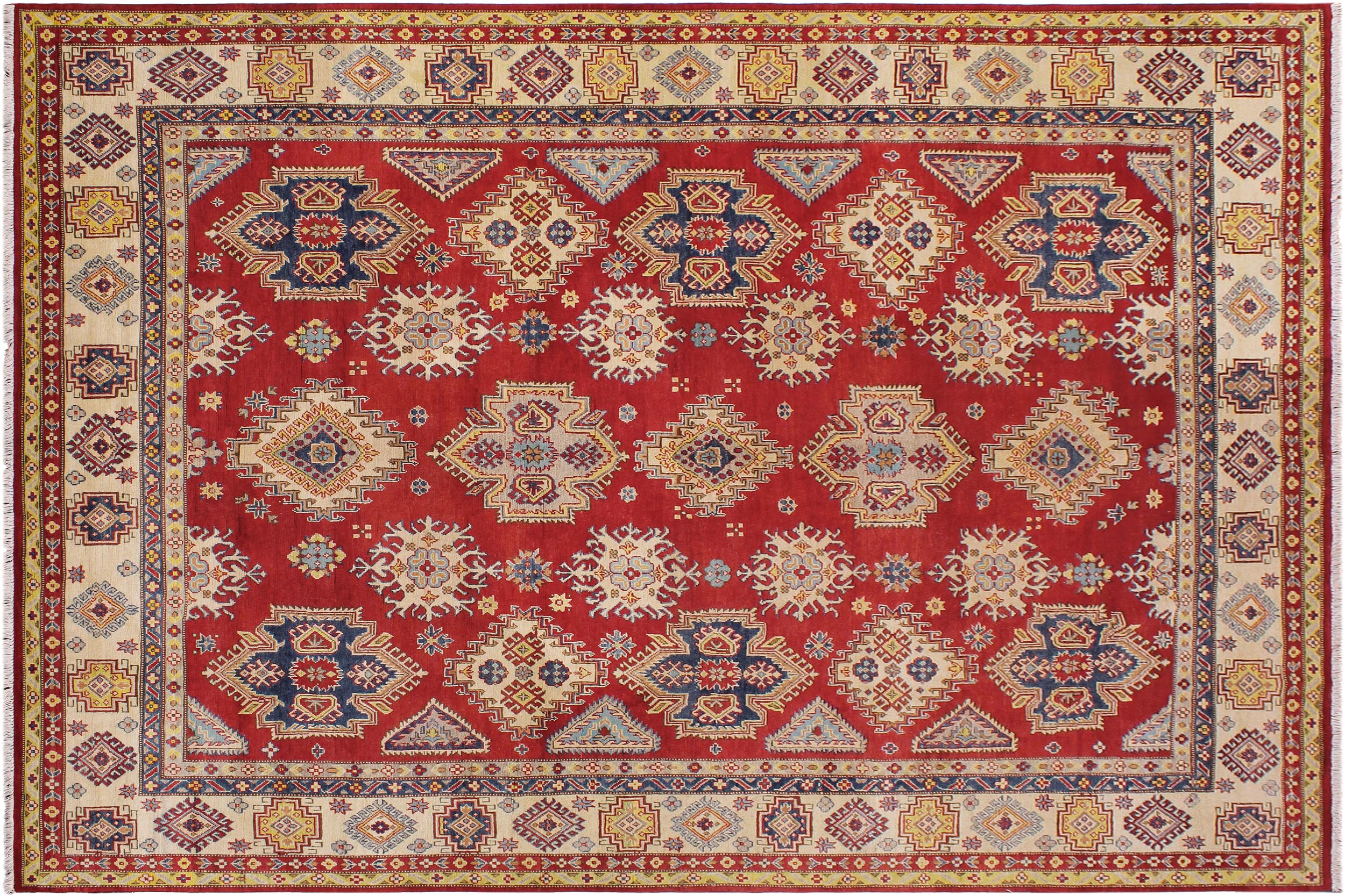 handmade Geometric Kazak Red Beige Hand Knotted RECTANGLE 100% WOOL area rug 9'X12'