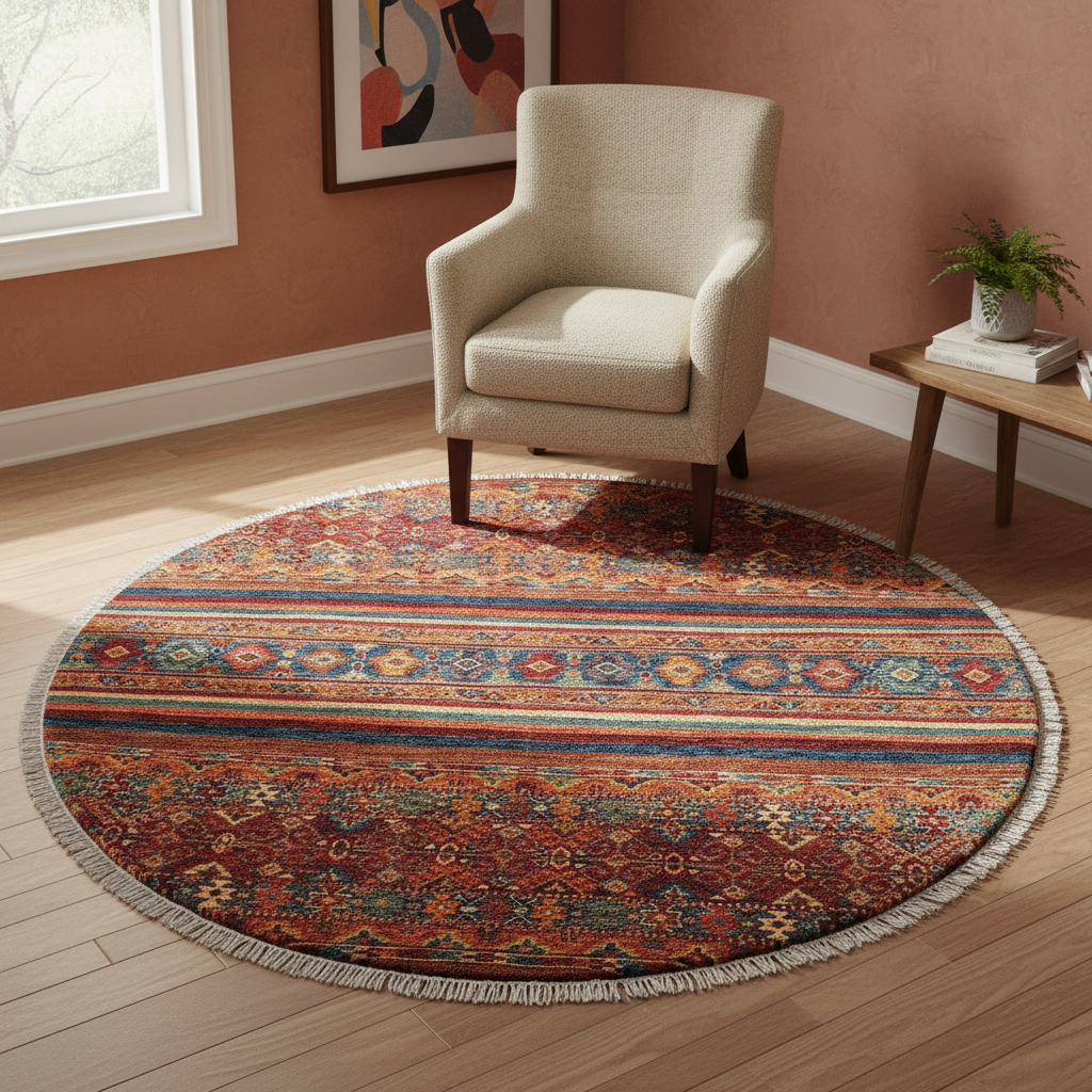 Rustic Khurgeen Marcelle Blue/Peach Wool Round - 5'0''X5'1''