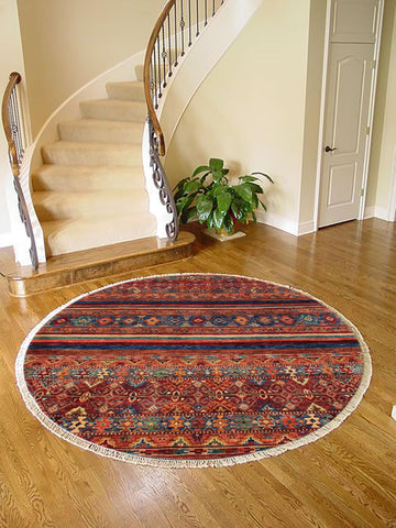 handmade Geometric Kurjean Blue Peach Hand Knotted ROUND 100% WOOL area rug 5x5