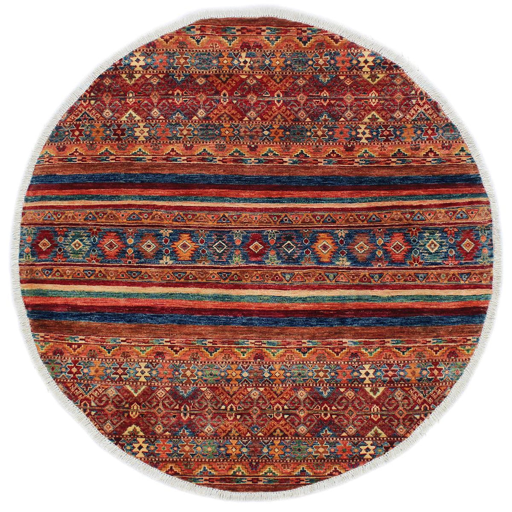 handmade Geometric Khurgeen Blue Peach Hand Knotted ROUND 100% WOOL area rug 5x5