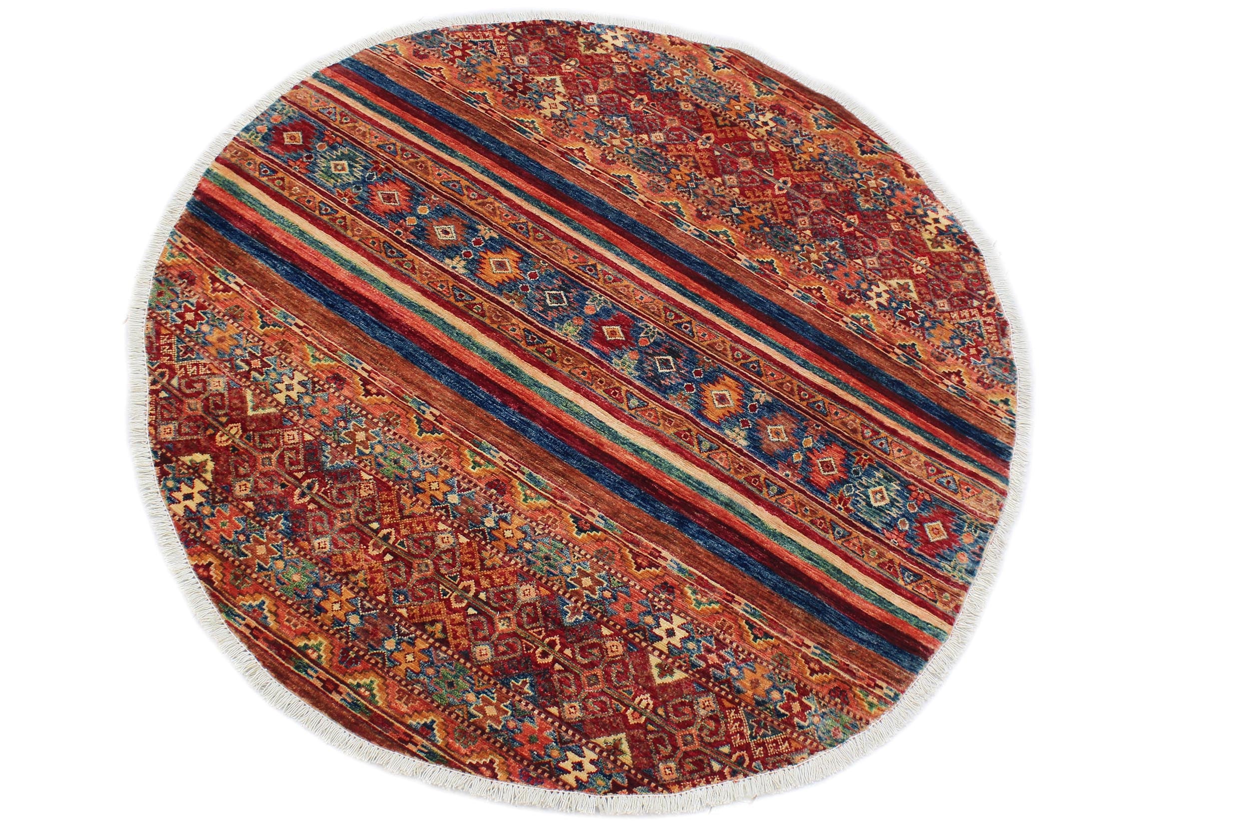 handmade Geometric Kurjean Blue Peach Hand Knotted ROUND 100% WOOL area rug 5x5