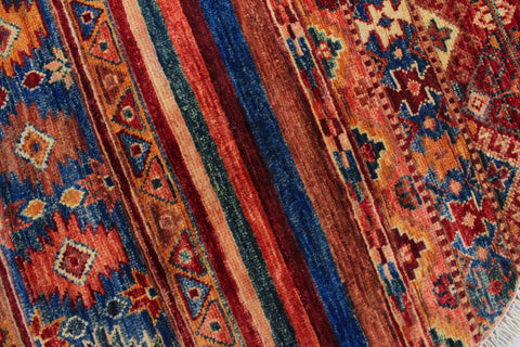 handmade Geometric Kurjean Blue Peach Hand Knotted ROUND 100% WOOL area rug 5x5