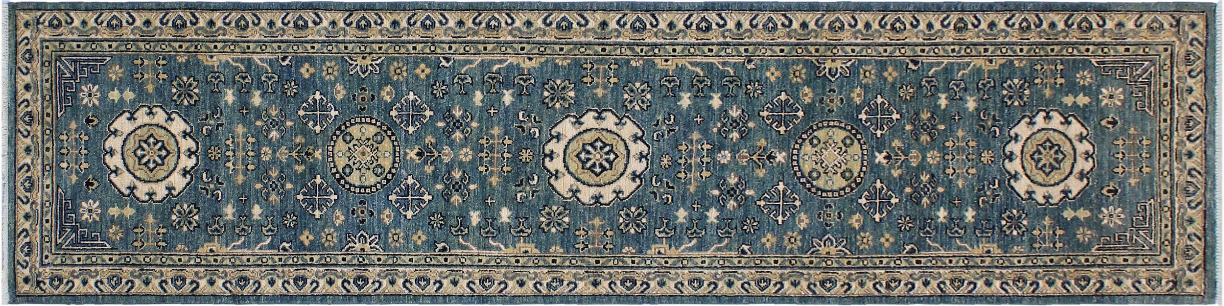 handmade Geometric Kafkaz Blue Ivory Hand Knotted RUNNER 100% WOOL area rug 3' x 9'