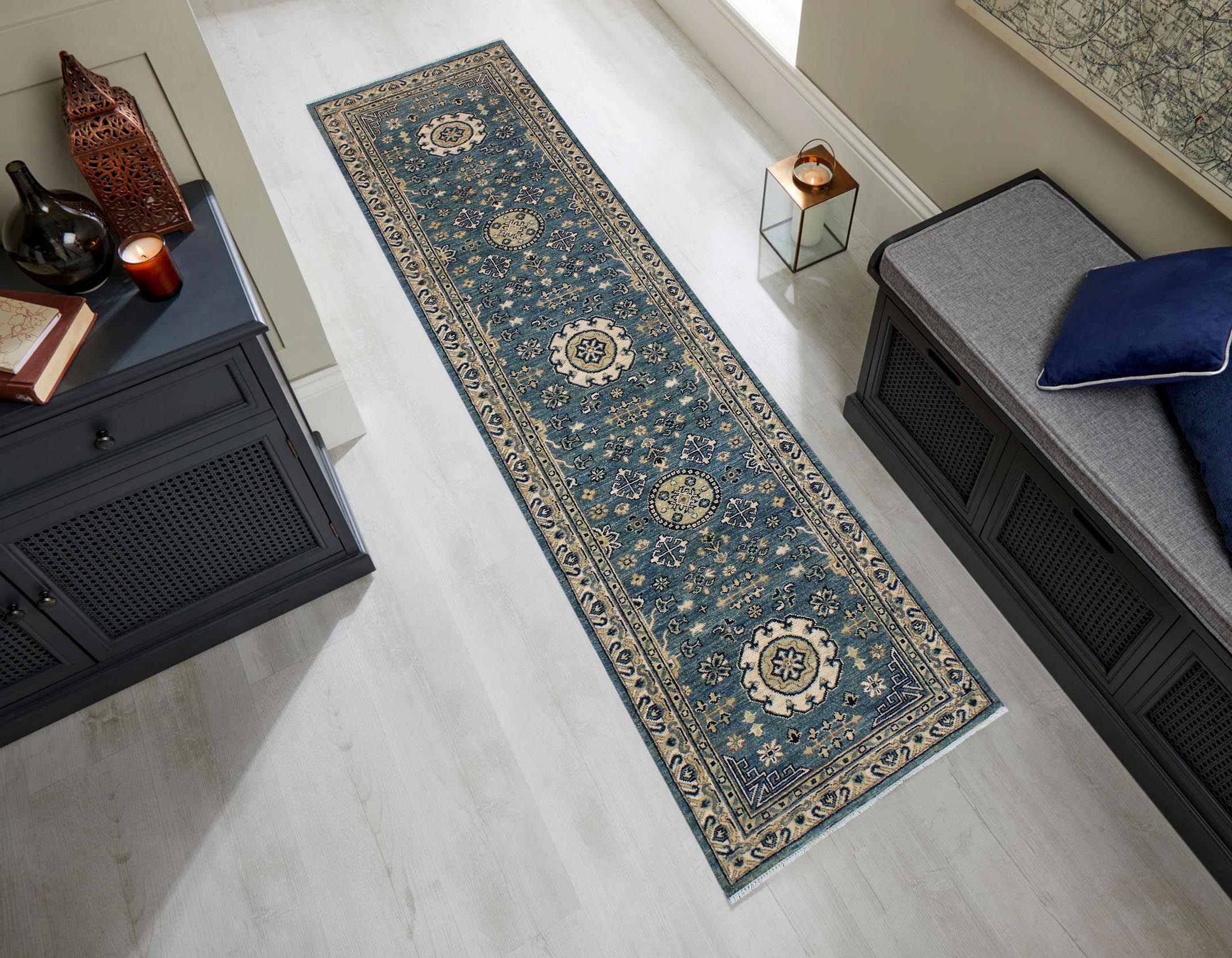 handmade Geometric Kafkaz Blue Ivory Hand Knotted RUNNER 100% WOOL area rug 3' x 9'