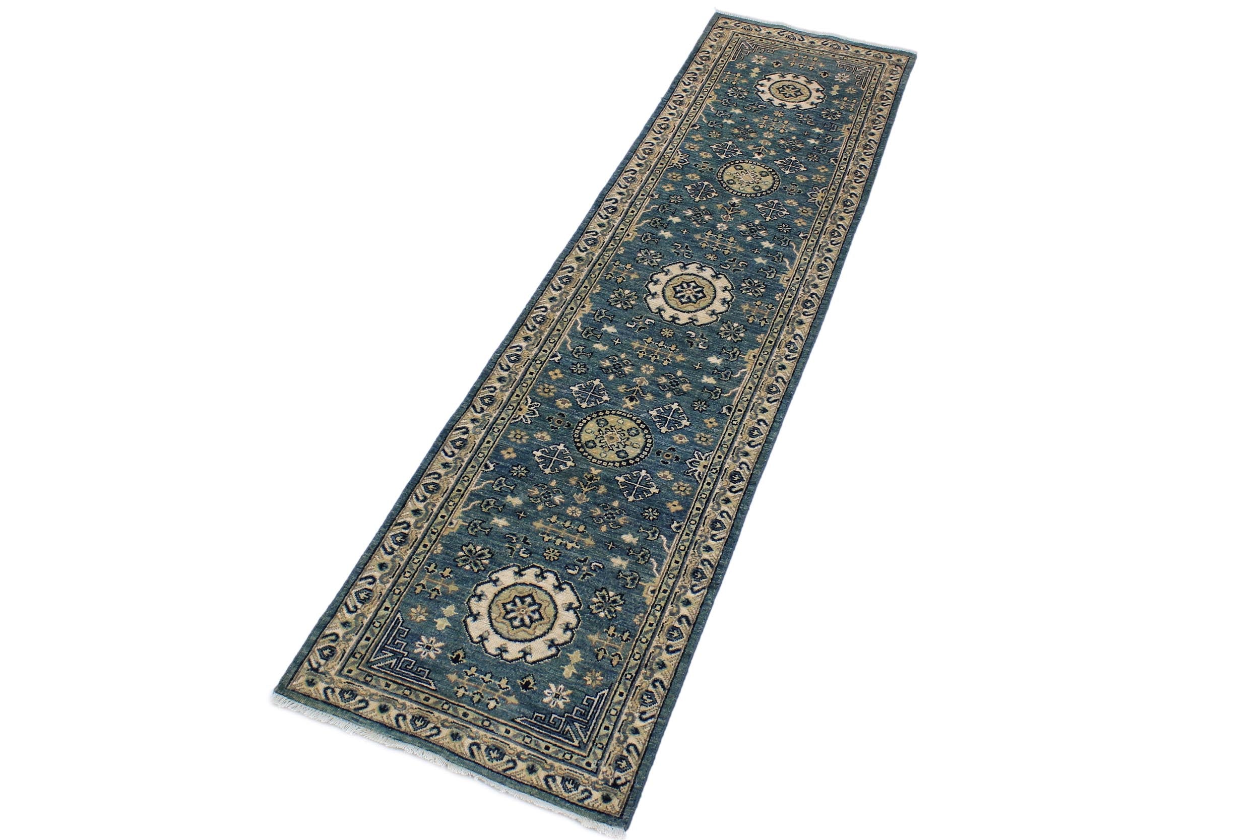 handmade Geometric Kafkaz Blue Ivory Hand Knotted RUNNER 100% WOOL area rug 3' x 9'