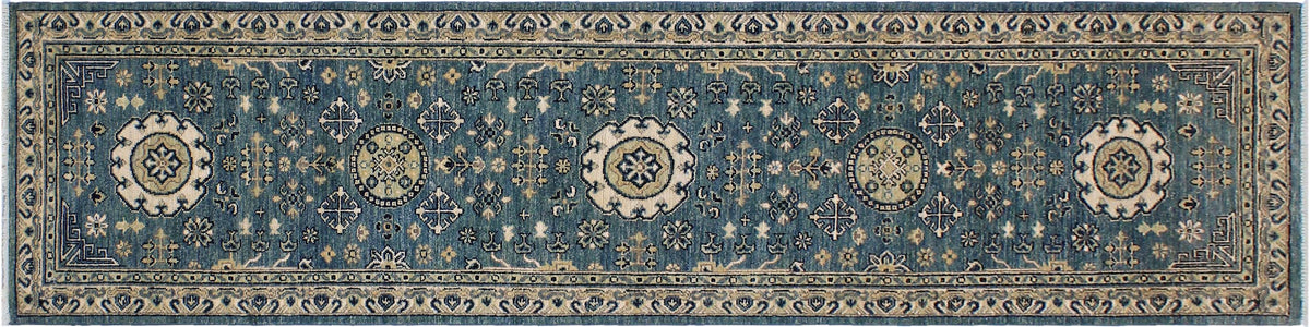 handmade Geometric Kafkaz Blue Ivory Hand Knotted RUNNER 100% WOOL area rug 3' x 9'