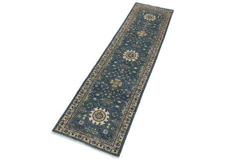 handmade Geometric Kafkaz Blue Ivory Hand Knotted RUNNER 100% WOOL area rug 3' x 9'