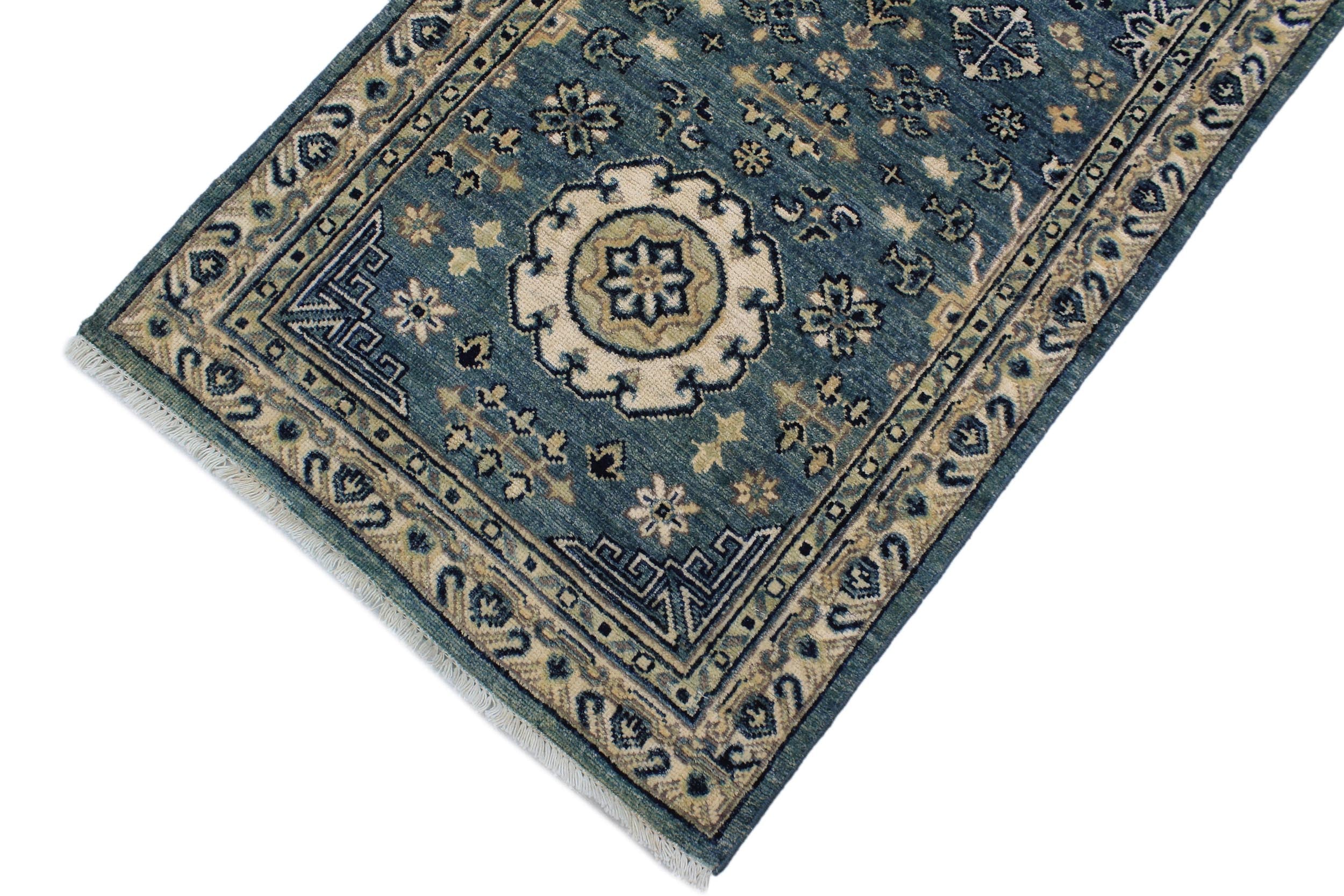 handmade Geometric Kafkaz Blue Ivory Hand Knotted RUNNER 100% WOOL area rug 3' x 9'