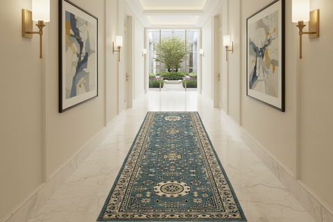handmade Geometric Kafkaz Blue Ivory Hand Knotted RUNNER 100% WOOL area rug 3' x 9'