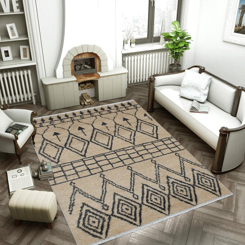 handmade Geometric Moroccan Beige Gray Hand Knotted RECTANGLE 100% WOOL area rug 4' x 6'