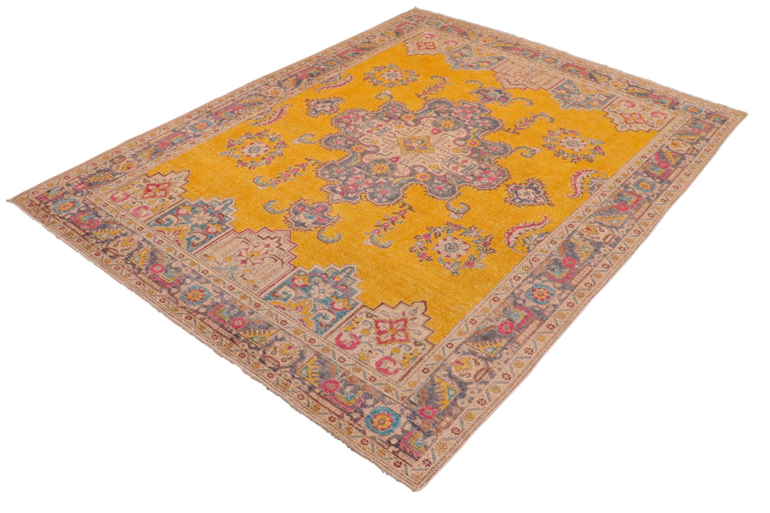 handmade Vintage Hand Painte Yellow Grey Hand Knotted RECTANGLE 100% WOOL area rug 10' x 13'