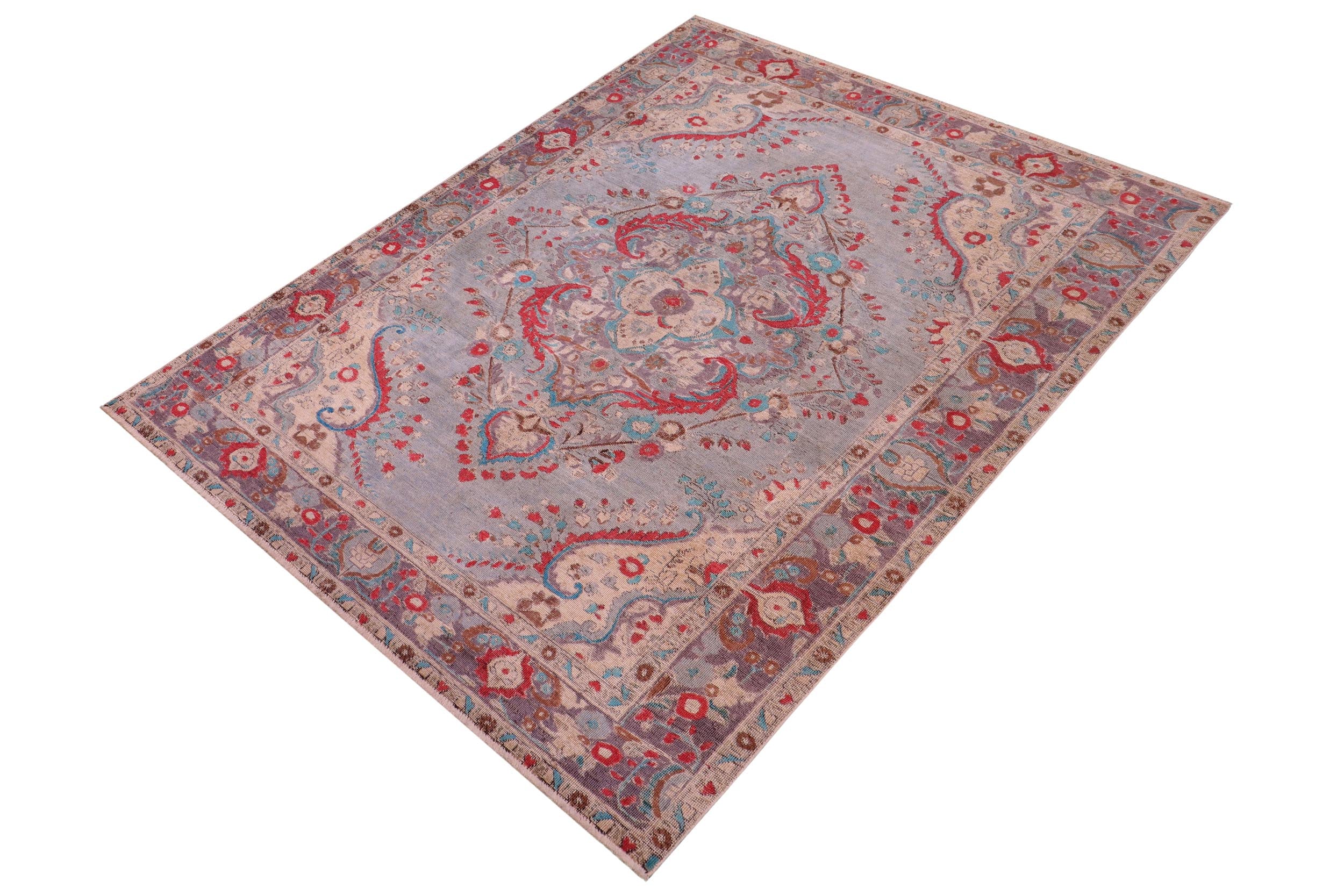 handmade Vintage Hand Painte Blue Purple Hand Knotted RECTANGLE 100% WOOL area rug 6' x 9'