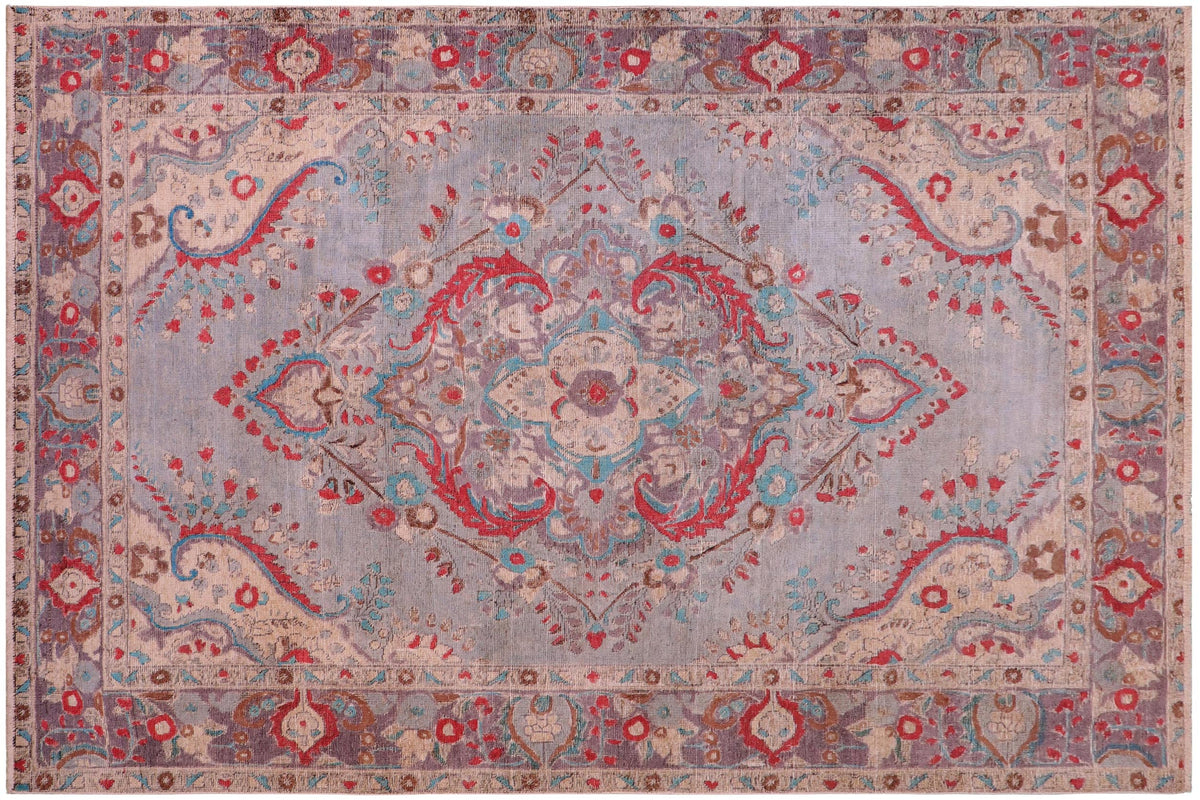 handmade Vintage Hand Painte Blue Purple Hand Knotted RECTANGLE 100% WOOL area rug 6' x 9'