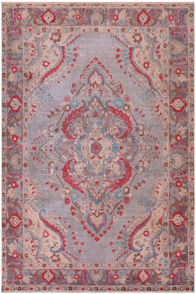 handmade Vintage Hand Painte Blue Purple Hand Knotted RECTANGLE 100% WOOL area rug 6X9