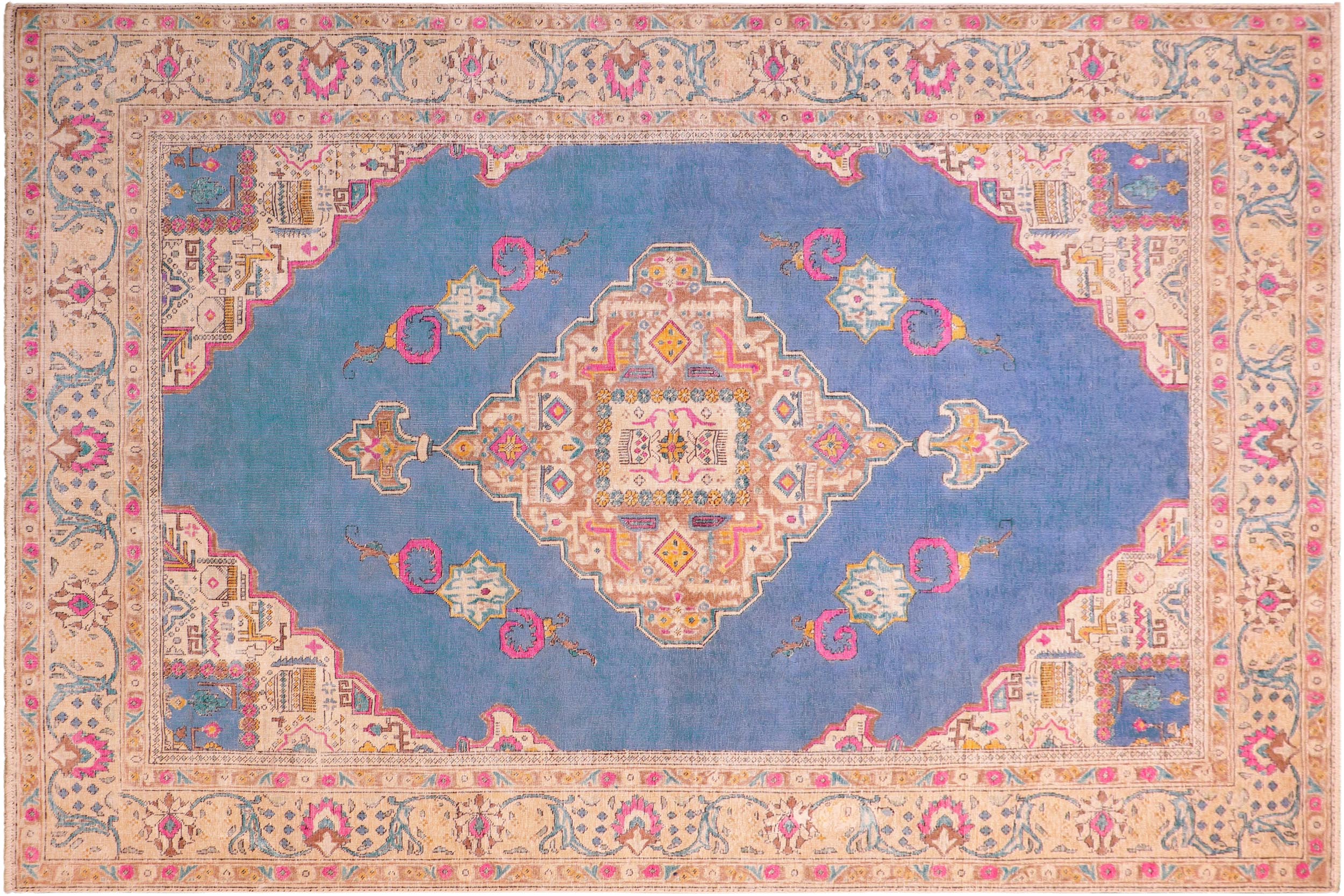 handmade Vintage Hand Painte Blue Beige Hand Knotted RECTANGLE 100% WOOL area rug 8' x 11'