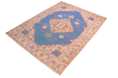 handmade Vintage Hand Painte Blue Beige Hand Knotted RECTANGLE 100% WOOL area rug 8' x 11'