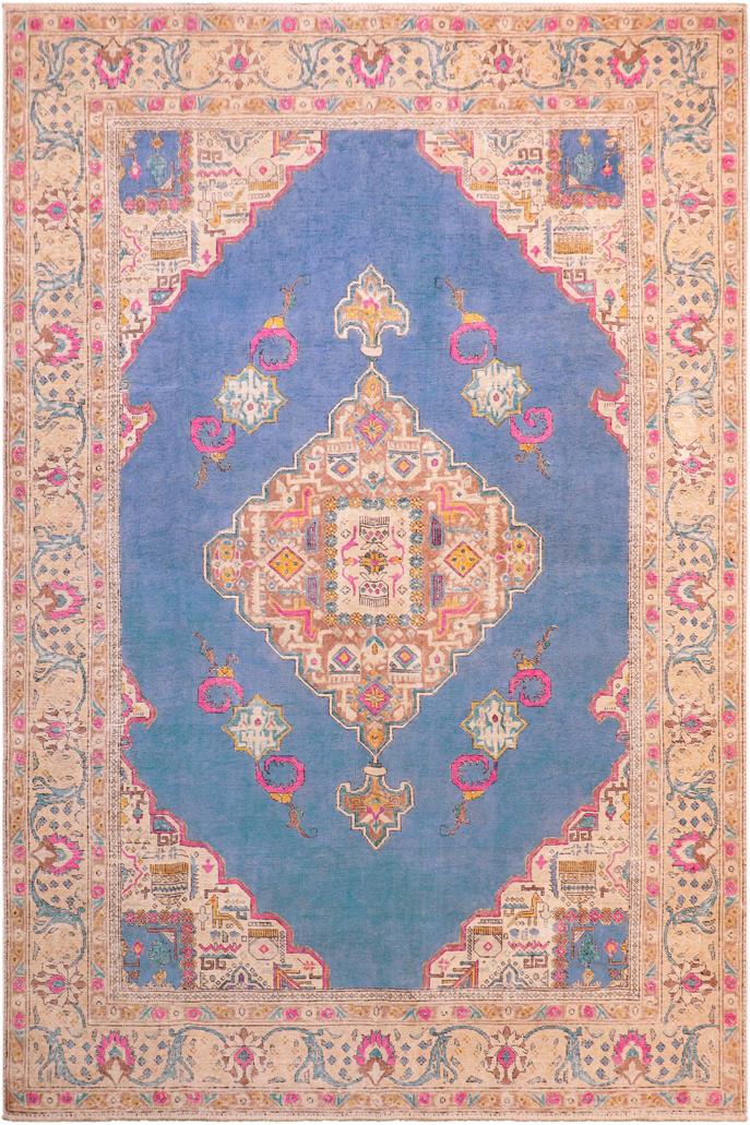 handmade Vintage Hand Painte Blue Beige Hand Knotted RECTANGLE 100% WOOL area rug 8X11