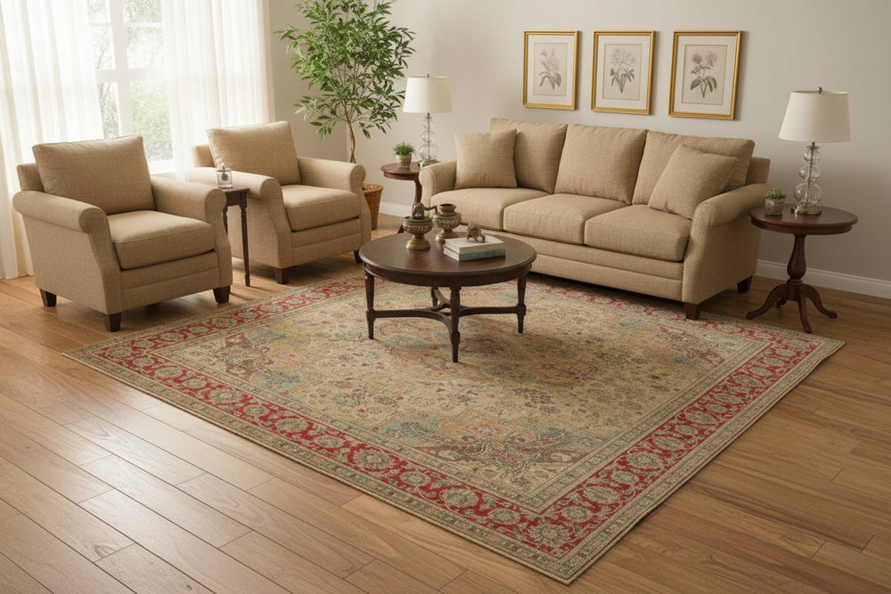 handmade Vintage Hand Painte Beige Red Hand Knotted RECTANGLE 100% WOOL area rug 9X11