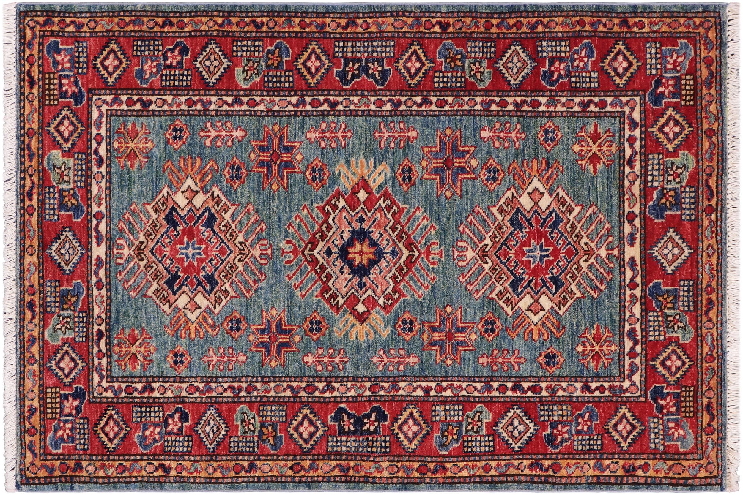 handmade Geometric Super Kazak Green Red Hand Knotted RECTANGLE 100% WOOL area rug 3' x 4'