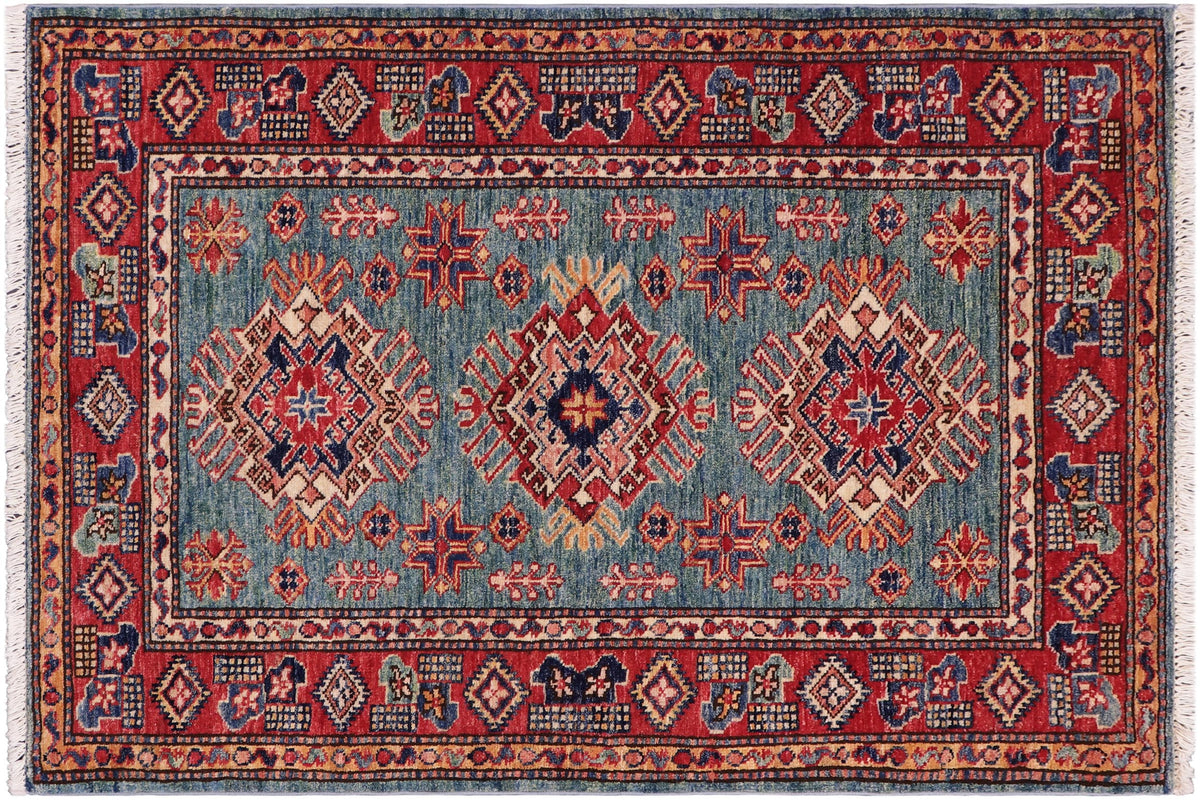 handmade Geometric Super Kazak Green Red Hand Knotted RECTANGLE 100% WOOL area rug 3' x 4'
