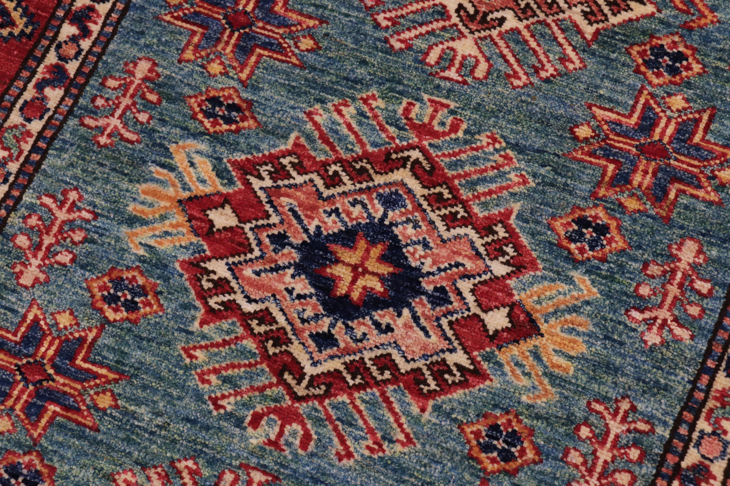 handmade Geometric Super Kazak Green Red Hand Knotted RECTANGLE 100% WOOL area rug 3' x 4'