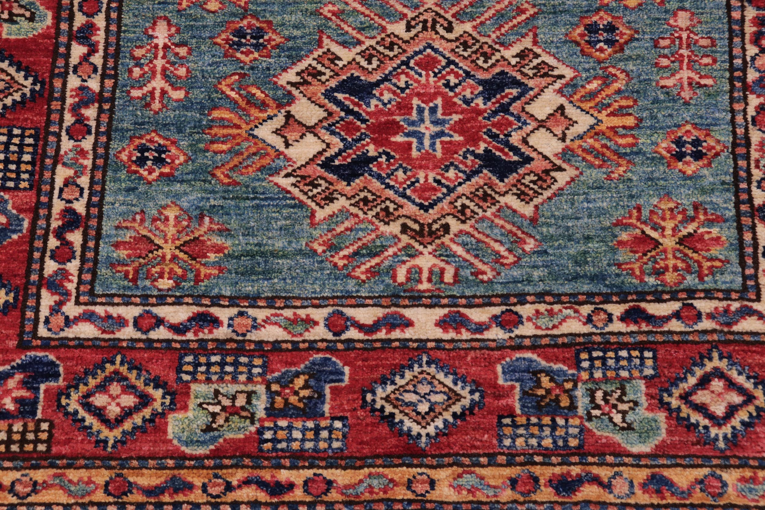 handmade Geometric Super Kazak Green Red Hand Knotted RECTANGLE 100% WOOL area rug 3' x 4'