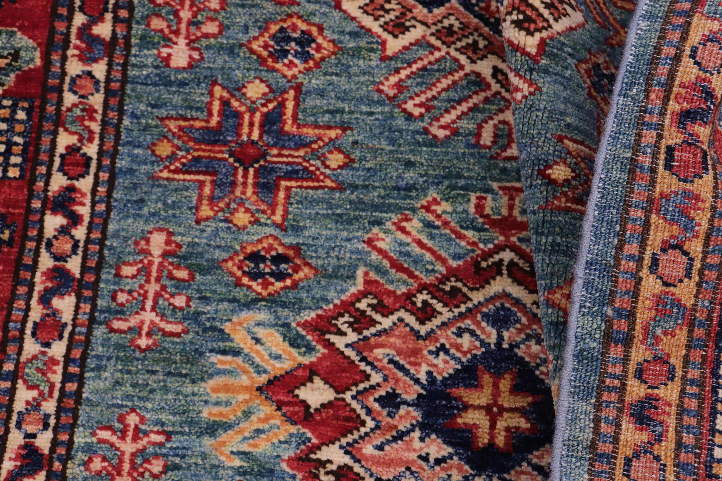 handmade Geometric Super Kazak Green Red Hand Knotted RECTANGLE 100% WOOL area rug 3' x 4'