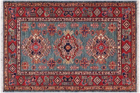 handmade Geometric Super Kazak Green Red Hand Knotted RECTANGLE 100% WOOL area rug 3' x 4'