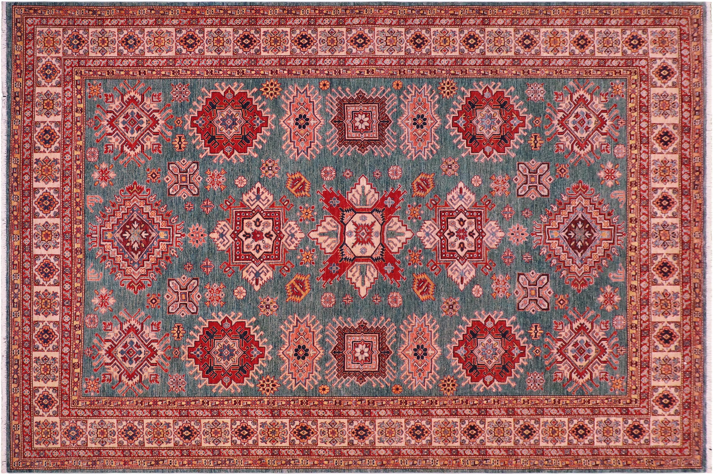 handmade Geometric Super Kazak Green Beige Hand Knotted RECTANGLE 100% WOOL area rug 8' x 10'