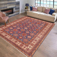 handmade Geometric Super Kazak Blue Beige Hand Knotted RECTANGLE 100% WOOL area rug 9X13