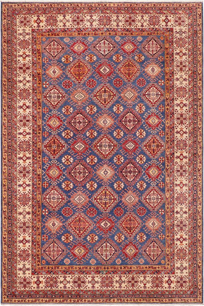 handmade Geometric Super Kazak Blue Beige Hand Knotted RECTANGLE 100% WOOL area rug 9X13
