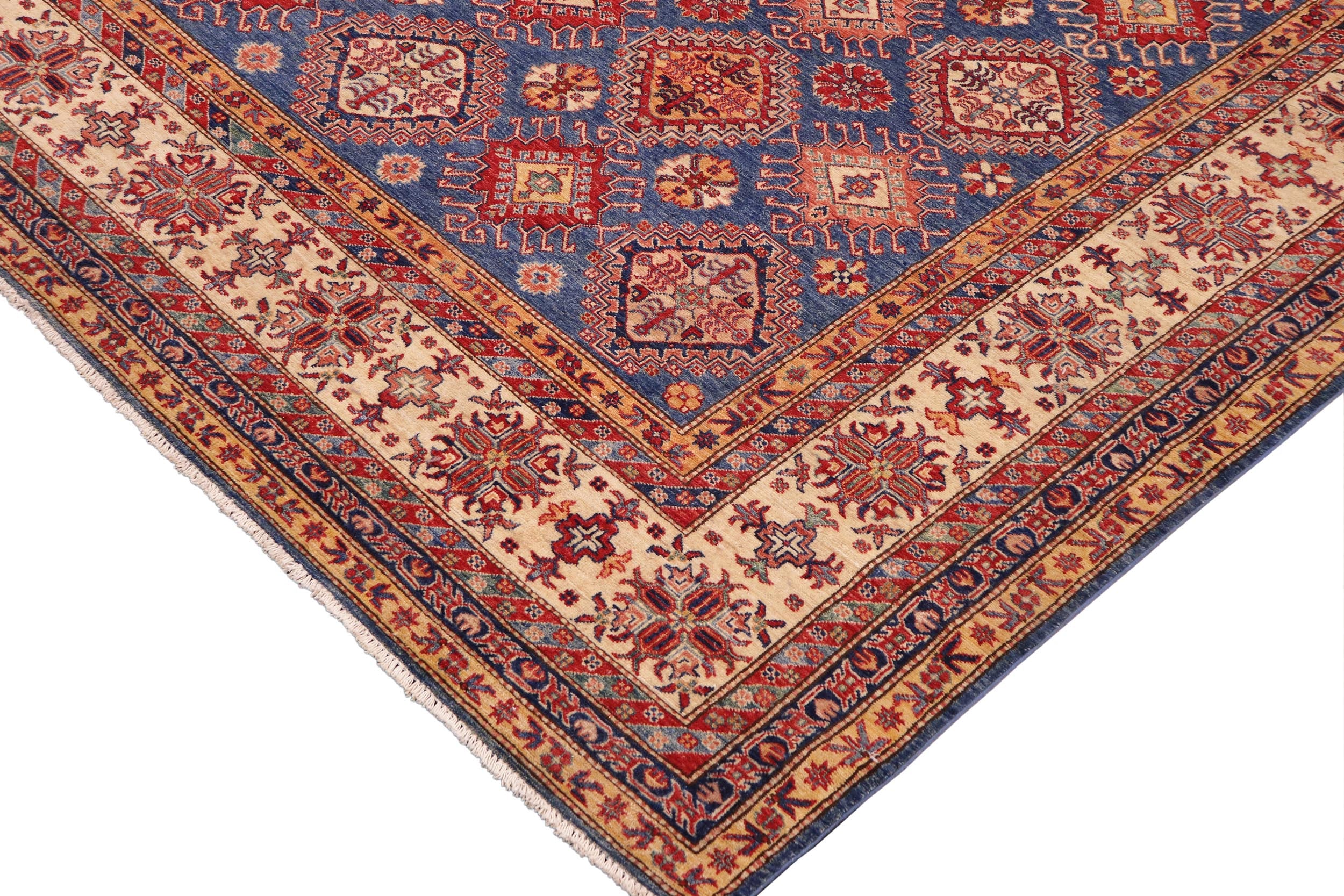 handmade Geometric Super Kazak Blue Beige Hand Knotted RECTANGLE 100% WOOL area rug 9' x 13'