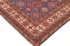 handmade Geometric Super Kazak Blue Beige Hand Knotted RECTANGLE 100% WOOL area rug 9X13