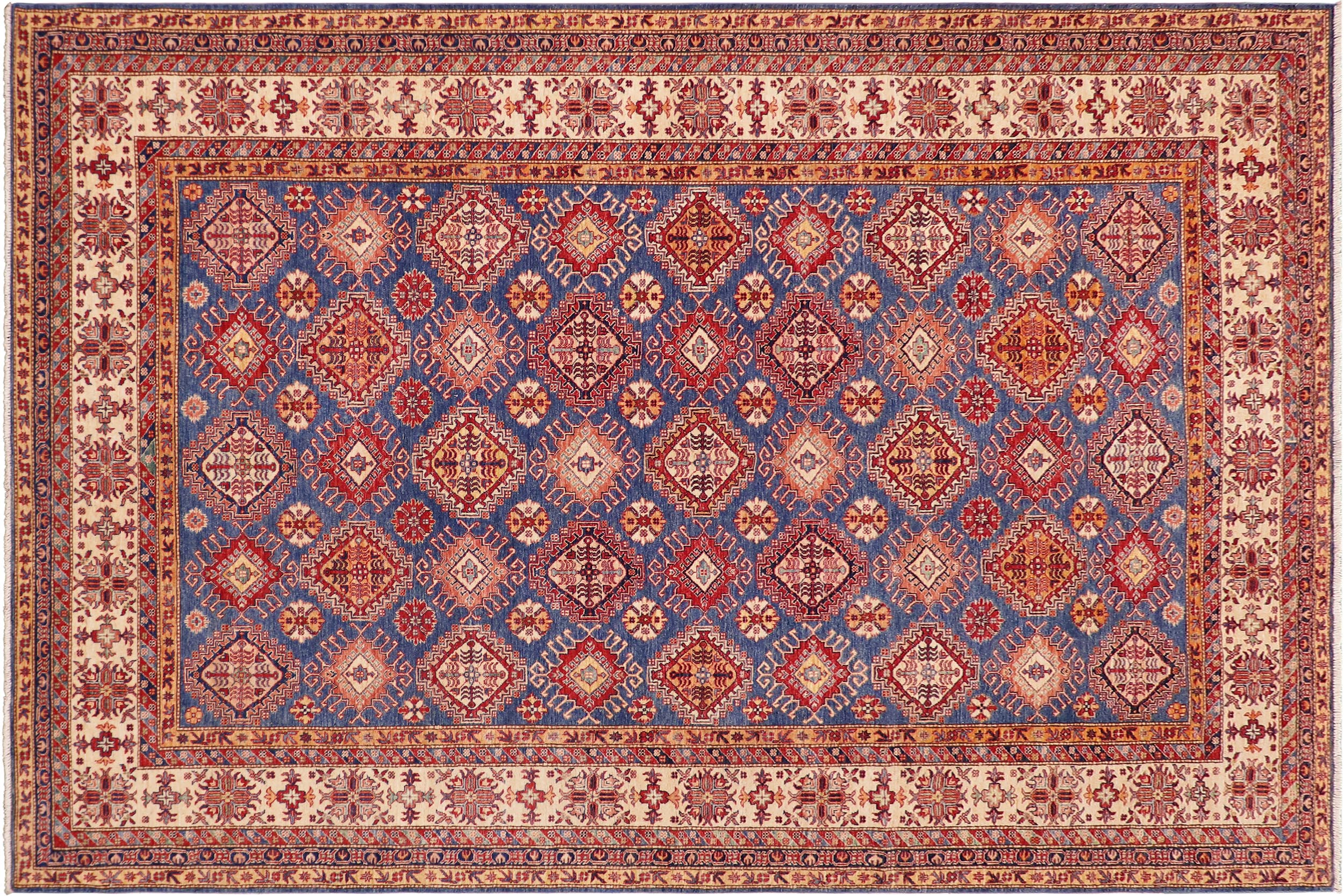 handmade Geometric Super Kazak Blue Beige Hand Knotted RECTANGLE 100% WOOL area rug 9' x 13'