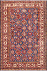 handmade Geometric Super Kazak Blue Beige Hand Knotted RECTANGLE 100% WOOL area rug 9X13