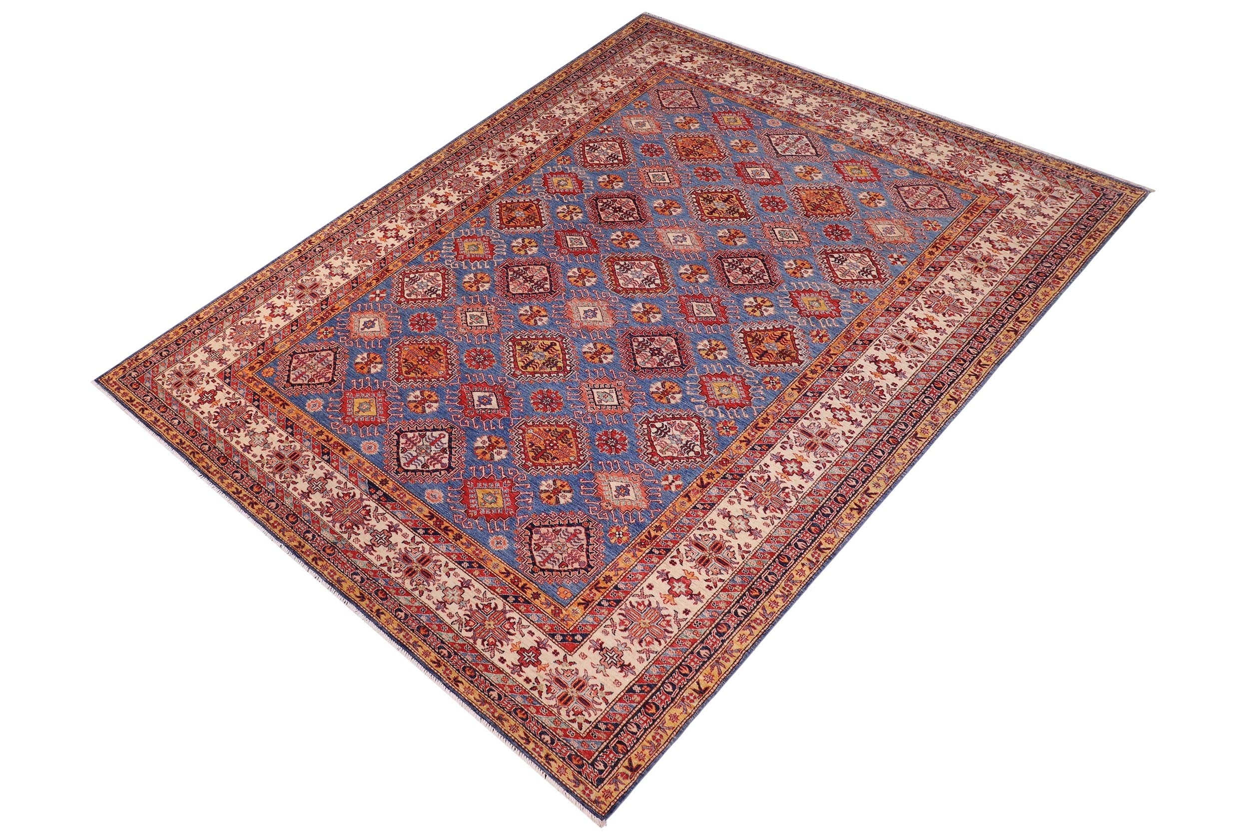 handmade Geometric Super Kazak Blue Beige Hand Knotted RECTANGLE 100% WOOL area rug 9' x 12'