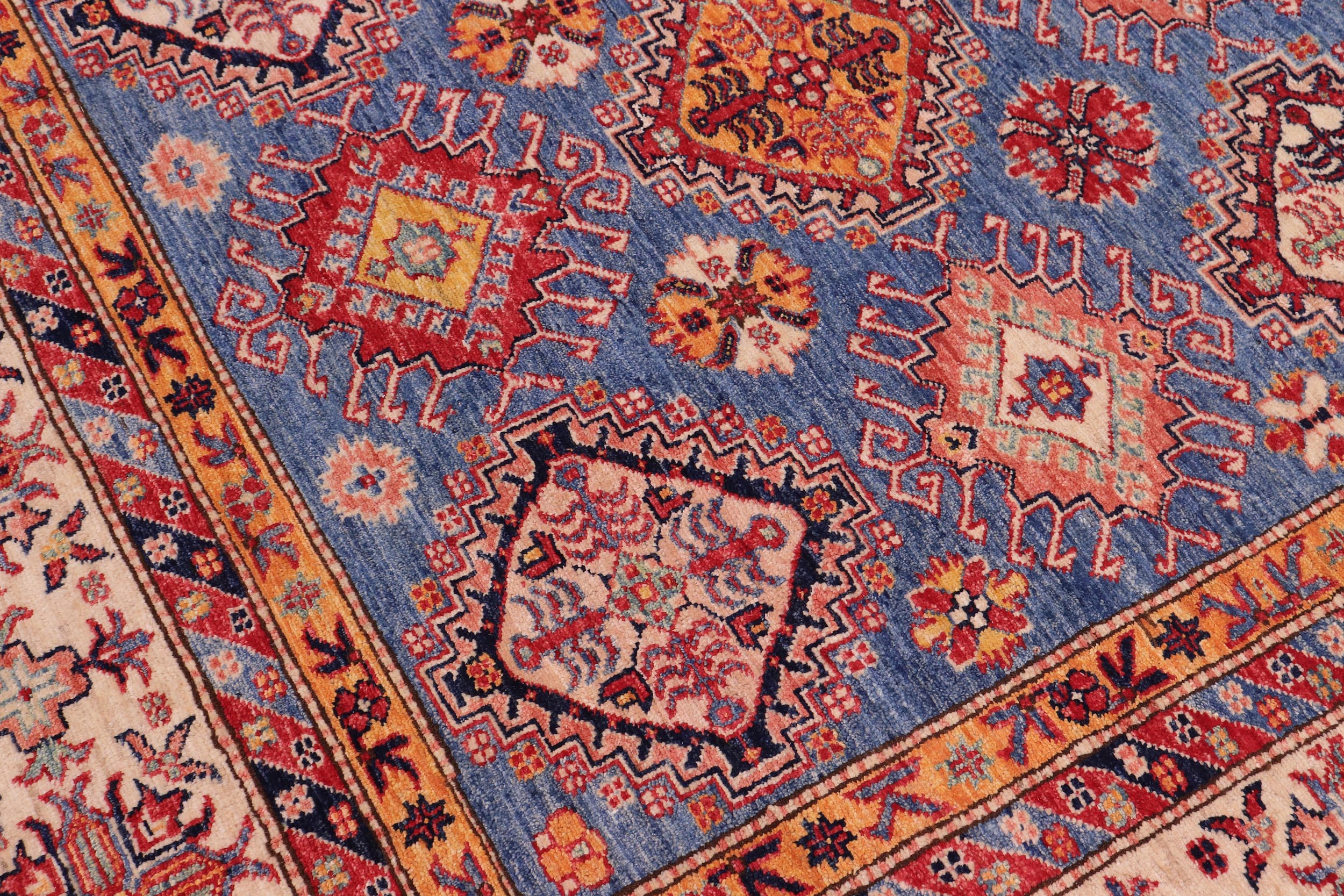 handmade Geometric Super Kazak Blue Beige Hand Knotted RECTANGLE 100% WOOL area rug 9' x 12'