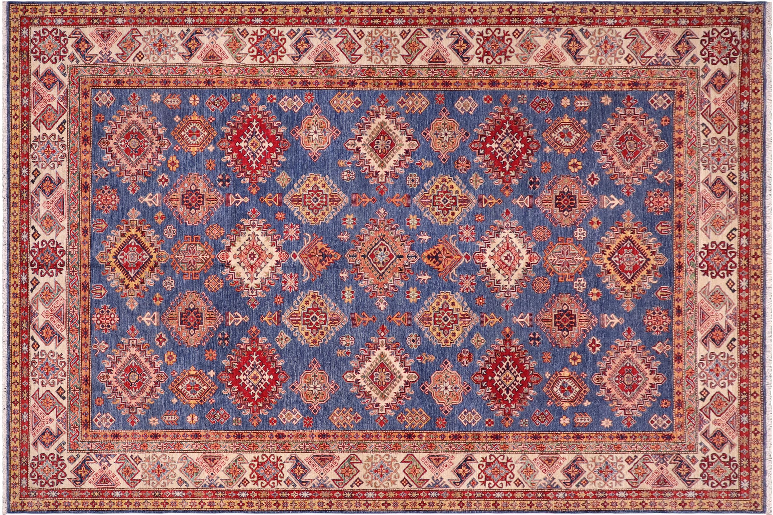 handmade Geometric Super Kazak Blue Ivory Hand Knotted RECTANGLE 100% WOOL area rug 9' x 12'