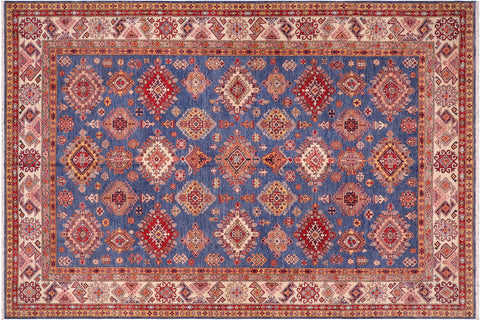 handmade Geometric Super Kazak Blue Ivory Hand Knotted RECTANGLE 100% WOOL area rug 9' x 12'