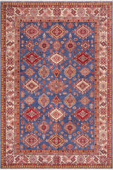 handmade Geometric Super Kazak Blue Ivory Hand Knotted RECTANGLE 100% WOOL area rug 9X12