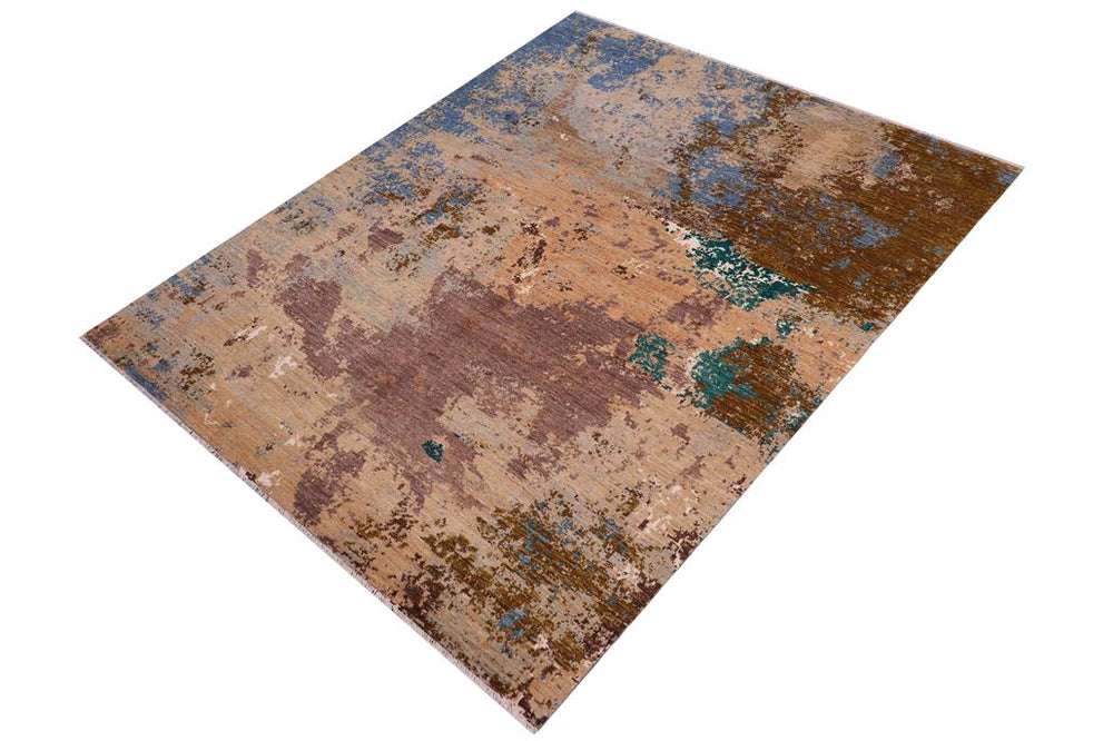 handmade Modern Modern Blue Beige Hand Knotted RECTANGLE WOOL&SILK area rug 8X10