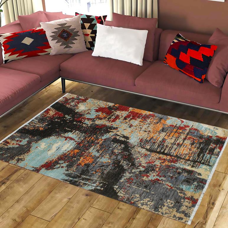 handmade Modern Modern Black Red Hand Knotted RECTANGLE WOOL&SILK area rug 4X6