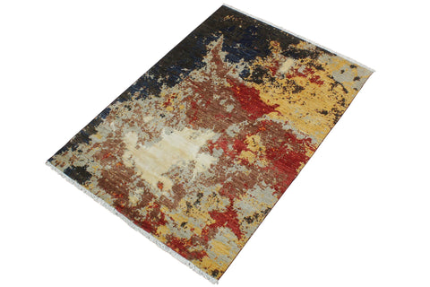 handmade Modern Modern Black Blue Hand Knotted RECTANGLE WOOL&SILK area rug 4' x 6'