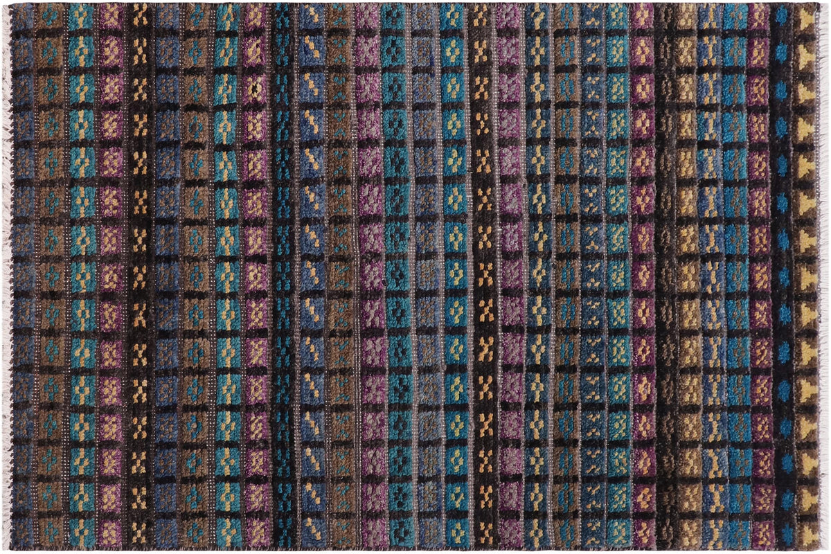 handmade Geometric Berjusta Black Blue Hand Knotted RECTANGLE 100% WOOL area rug 3' x 5'