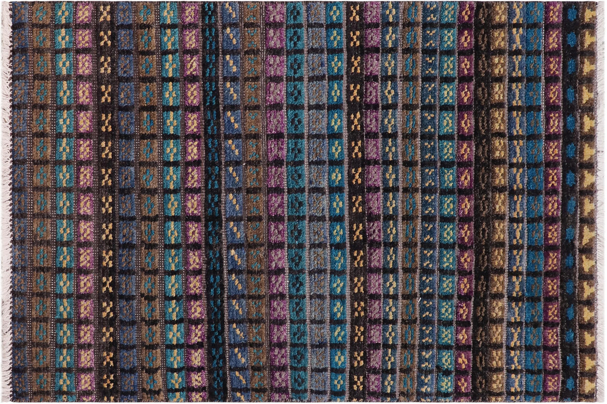 handmade Geometric Berjusta Black Blue Hand Knotted RECTANGLE 100% WOOL area rug 3' x 5'