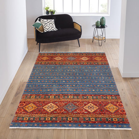 handmade Geometric Kurjean Blue Red Hand Knotted RECTANGLE 100% WOOL area rug 6x8