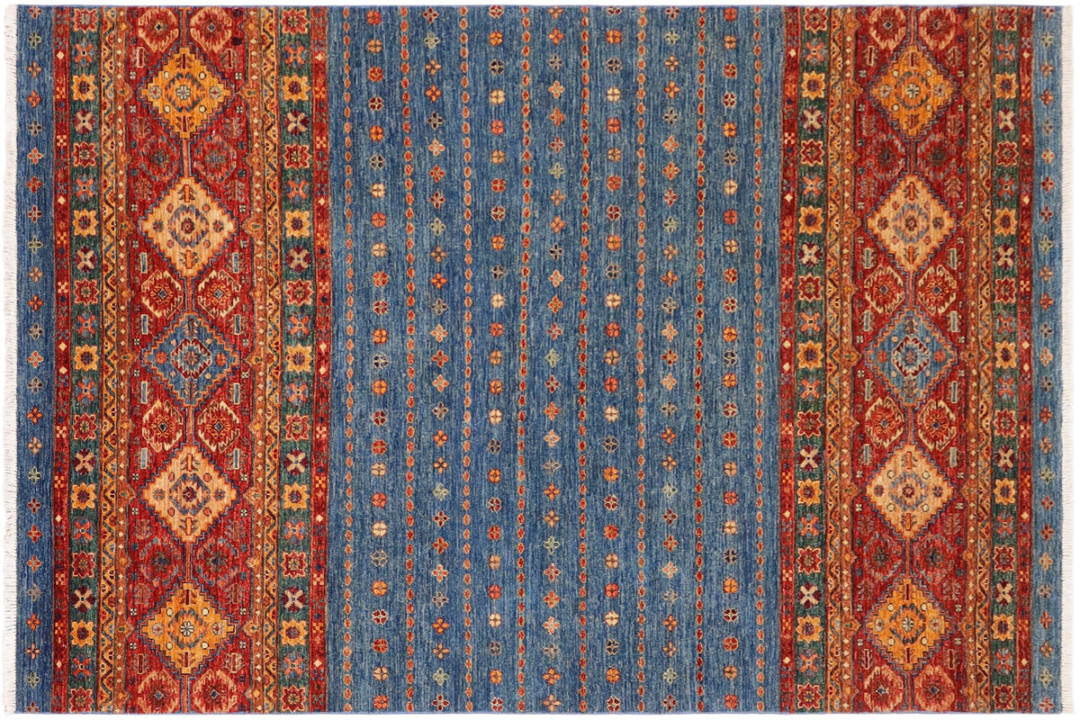 handmade Geometric Kurjean Blue Red Hand Knotted RECTANGLE 100% WOOL area rug 6x8