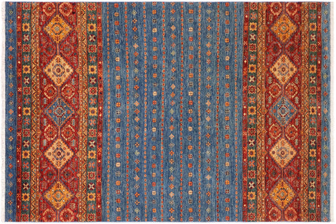handmade Geometric Kurjean Blue Red Hand Knotted RECTANGLE 100% WOOL area rug 6x8