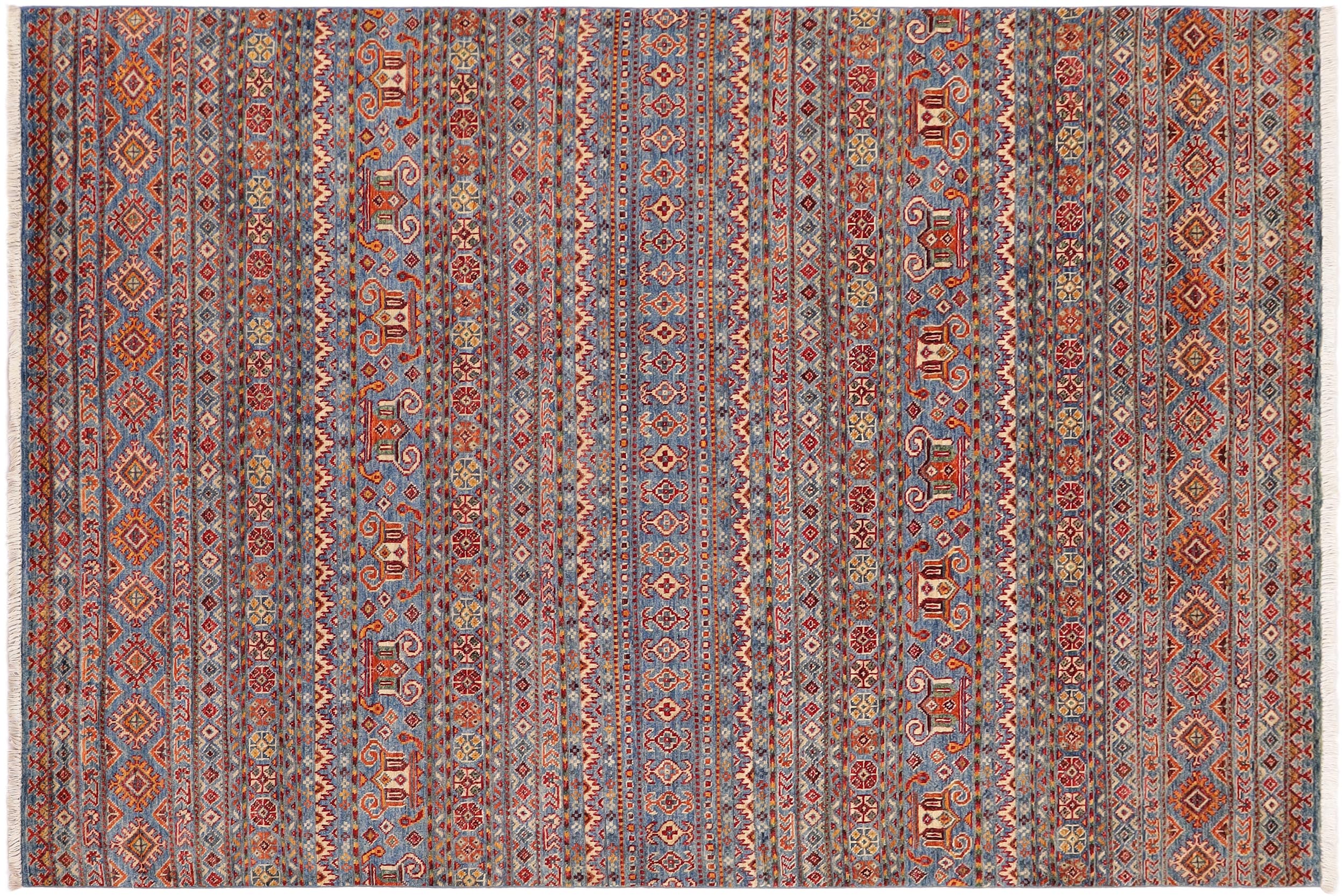 handmade Geometric Kurjean Blue Red Hand Knotted RECTANGLE 100% WOOL area rug 5x8