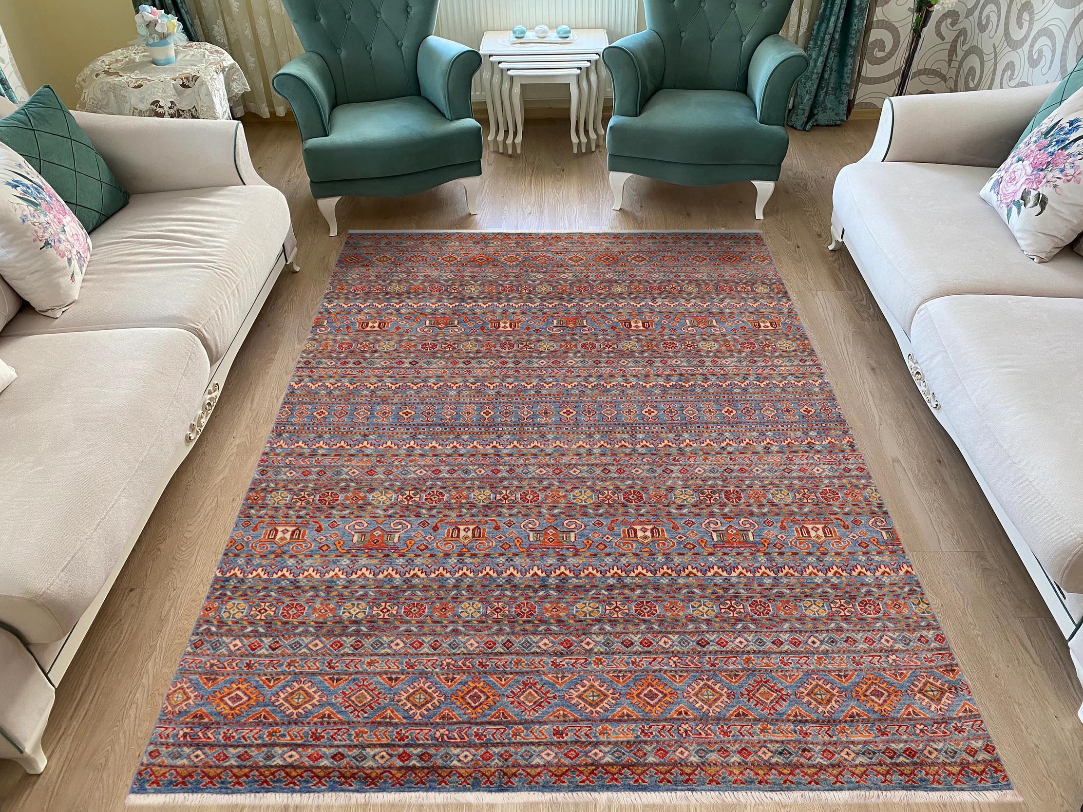 handmade Geometric Kurjean Blue Red Hand Knotted RECTANGLE 100% WOOL area rug 5x8
